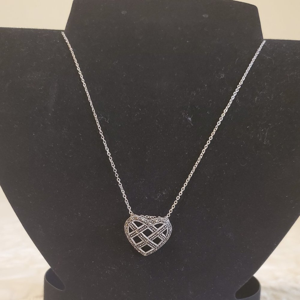 925 Silver & Marcasite Heart Necklace  18"